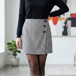 Vylette Houndstooth Plaid Faux-Wrap Mini Skirt L Academia Preppy Retro Career
